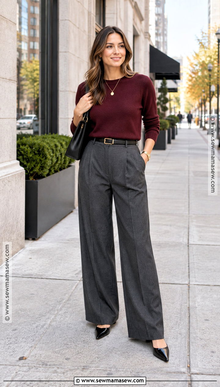 Burgundy Sweater And Wide Leg Trousers Fall Outfit - 15 fall 2026 fashion women over 25 ideas