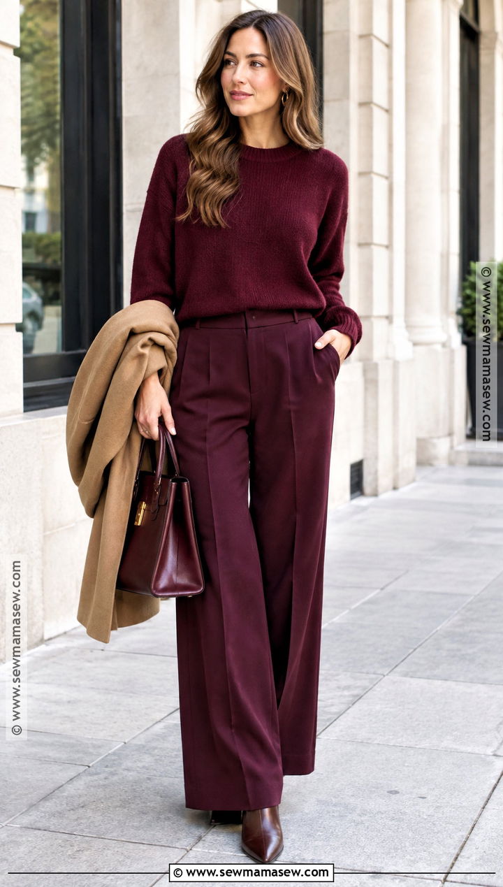 Burgundy Sweater And Wide Leg Trousers Fall Outfit - 15 Fall Vibes Clothes