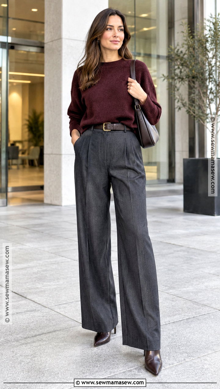 Burgundy Sweater And Wide Leg Trousers Fall Outfit - 15 2026 women fall fashion ideas
