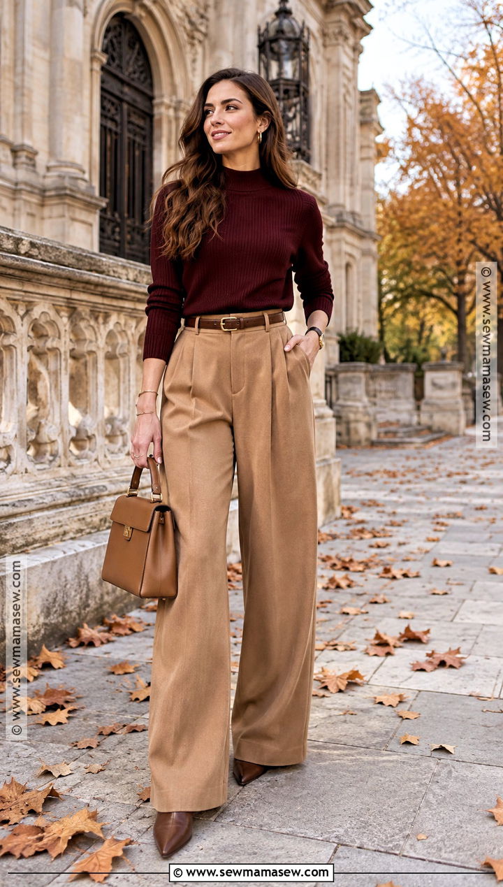 Burgundy Sweater And Wide Leg Trousers Fall Photoshoot Outfit - 20 Fall Outfits For Photoshoot