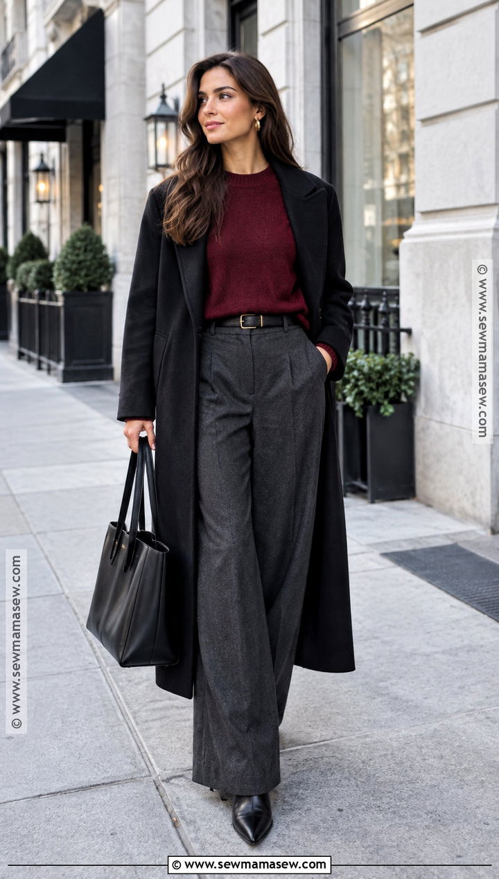Burgundy Sweater And Wide Leg Trousers Outfit - 20 fall winter outfits 2026 trends