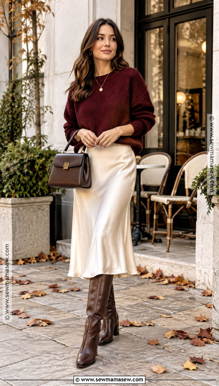 Burgundy Sweater Autumn Outfit With Midi Skirt - 25 autumn and winter outfits