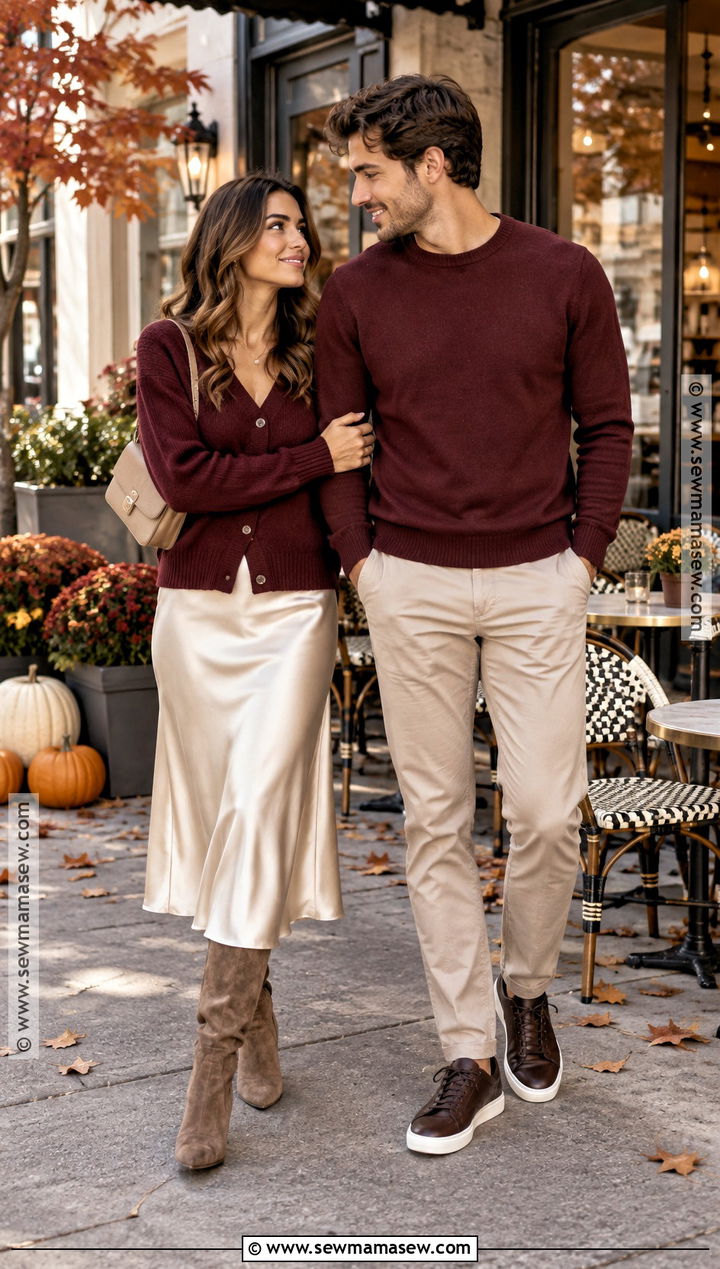 Burgundy Sweater Couple Fall Outfit - 20 cute couple fall outfits