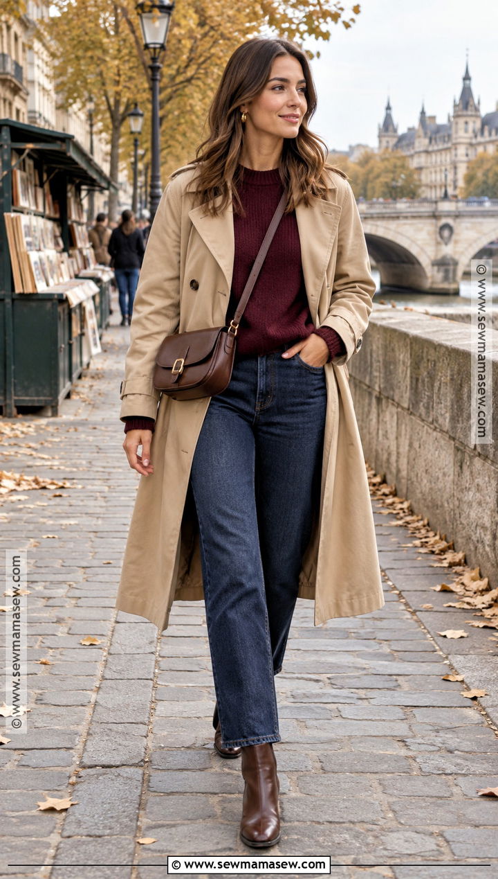 Burgundy Sweater Dark Jeans Trench Coat And Boots - 20 Fall Travel Capsule Wardrobe Europe Ideas