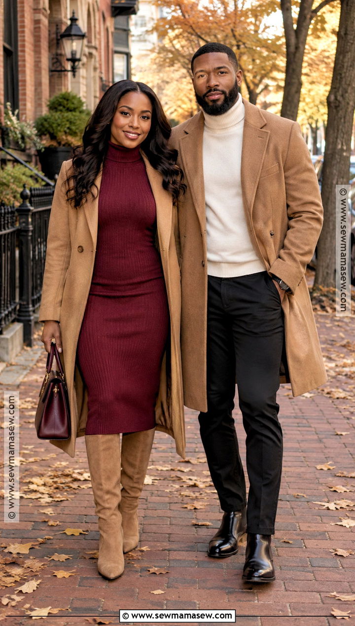 Burgundy Sweater Dress And Camel Coat Fall Couples Outfit - 15 black couples fall photoshoot outfits