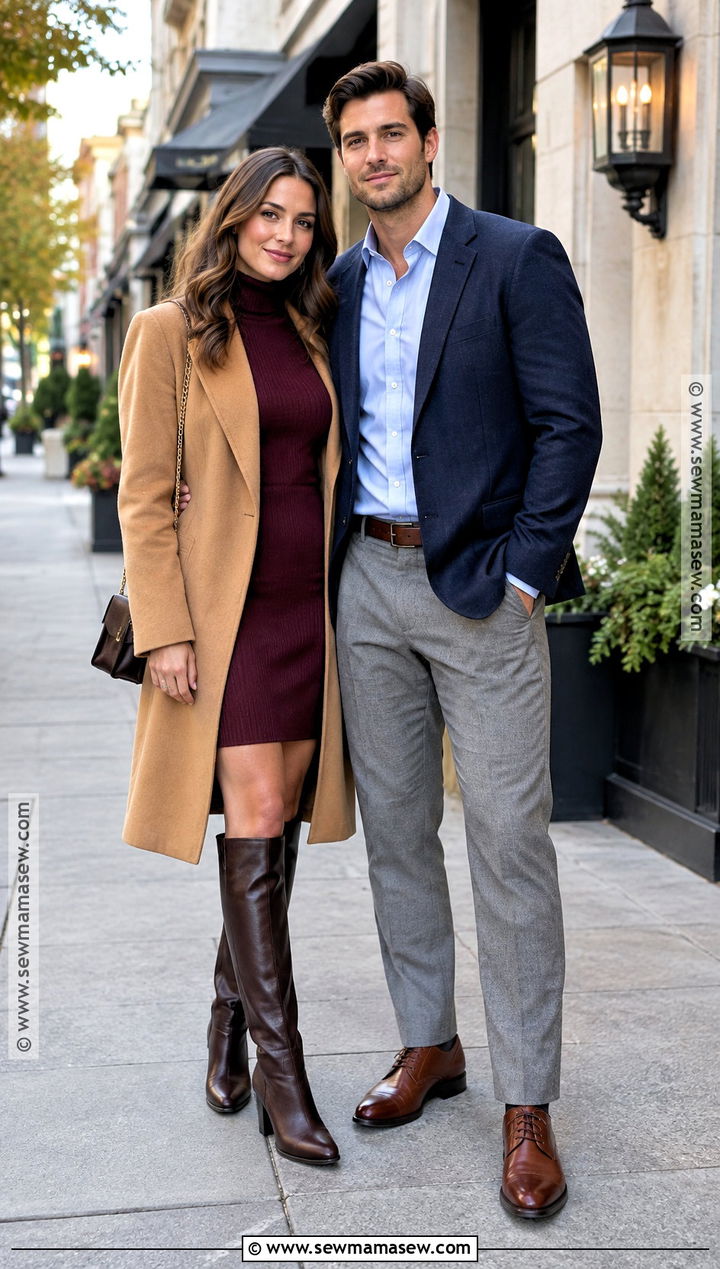 Burgundy Sweater Dress And Navy Blazer Fall Couple Photo Outfit - 20 fall couple photos outfits