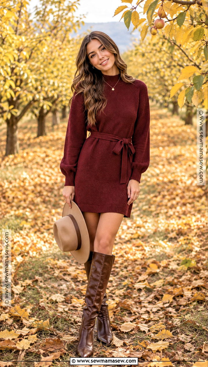 Burgundy Sweater Dress And Tall Boots Fall Senior Picture Outfit - 25 senior pictures outfits fall