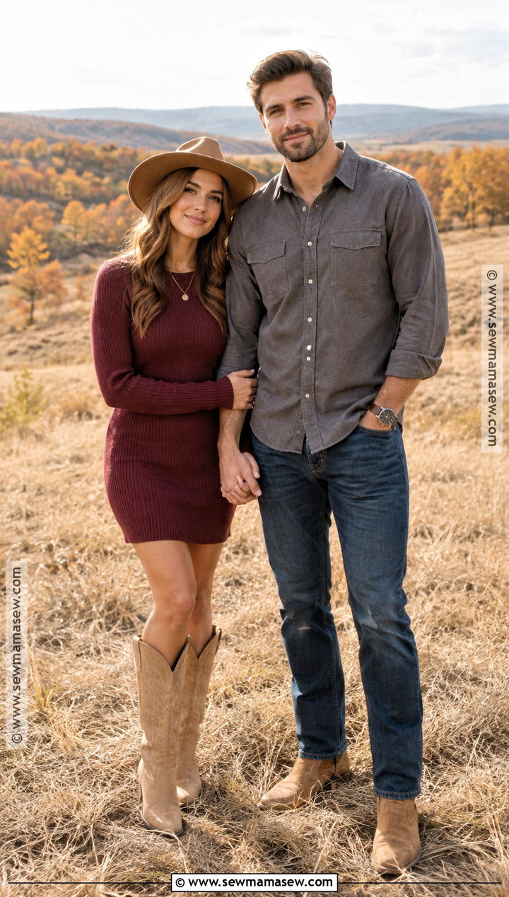 Burgundy Sweater Dress And Western Boots Engagement Outfit - 15 engagement photos outfits fall country