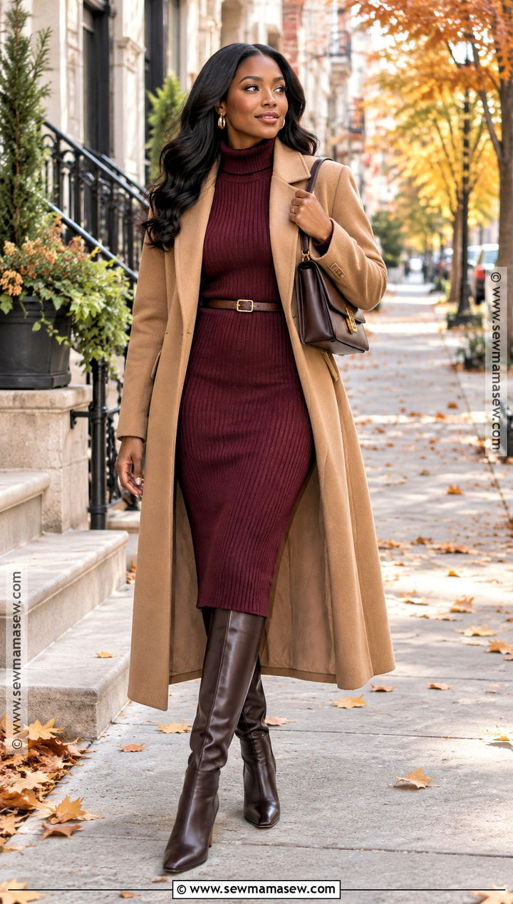 Burgundy Sweater Dress With Brown Boots - 15 cozy fall sweater dress ideas