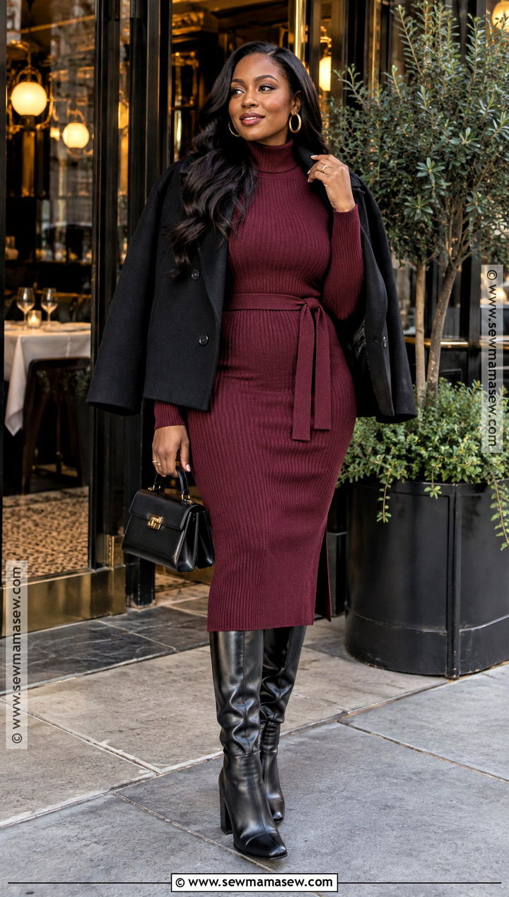 Burgundy Sweater Dress With Knee High Boots - 15 datenight fall outfits for black women