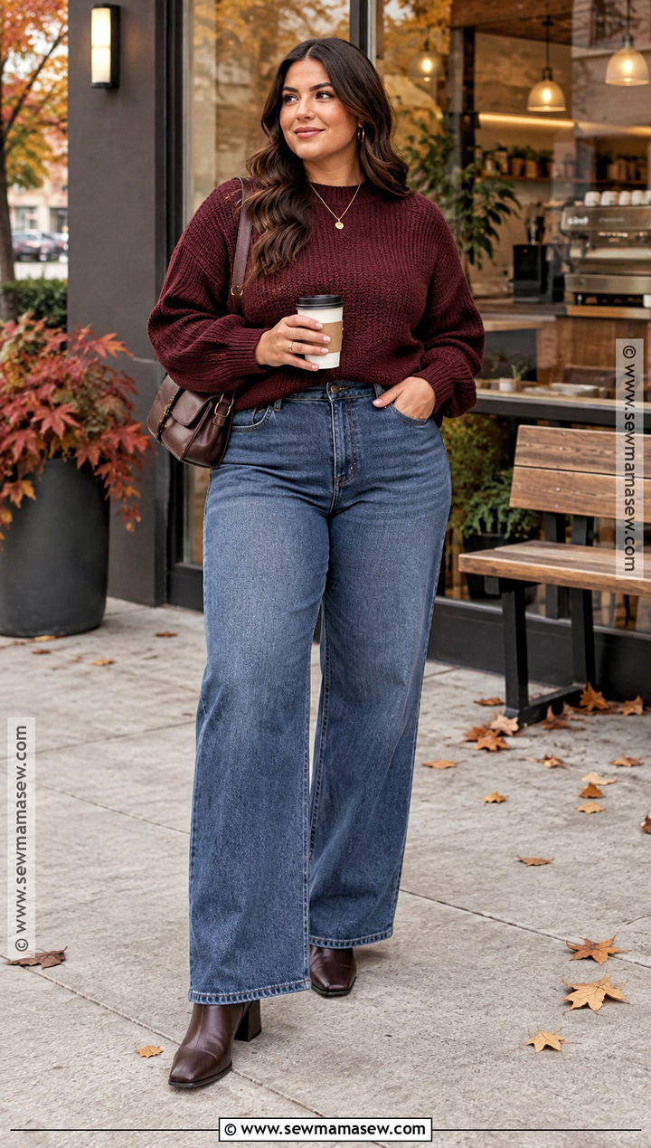 Burgundy Sweater Fall Outfit With Wide Leg Jeans - 15 casual looks for fall 2026