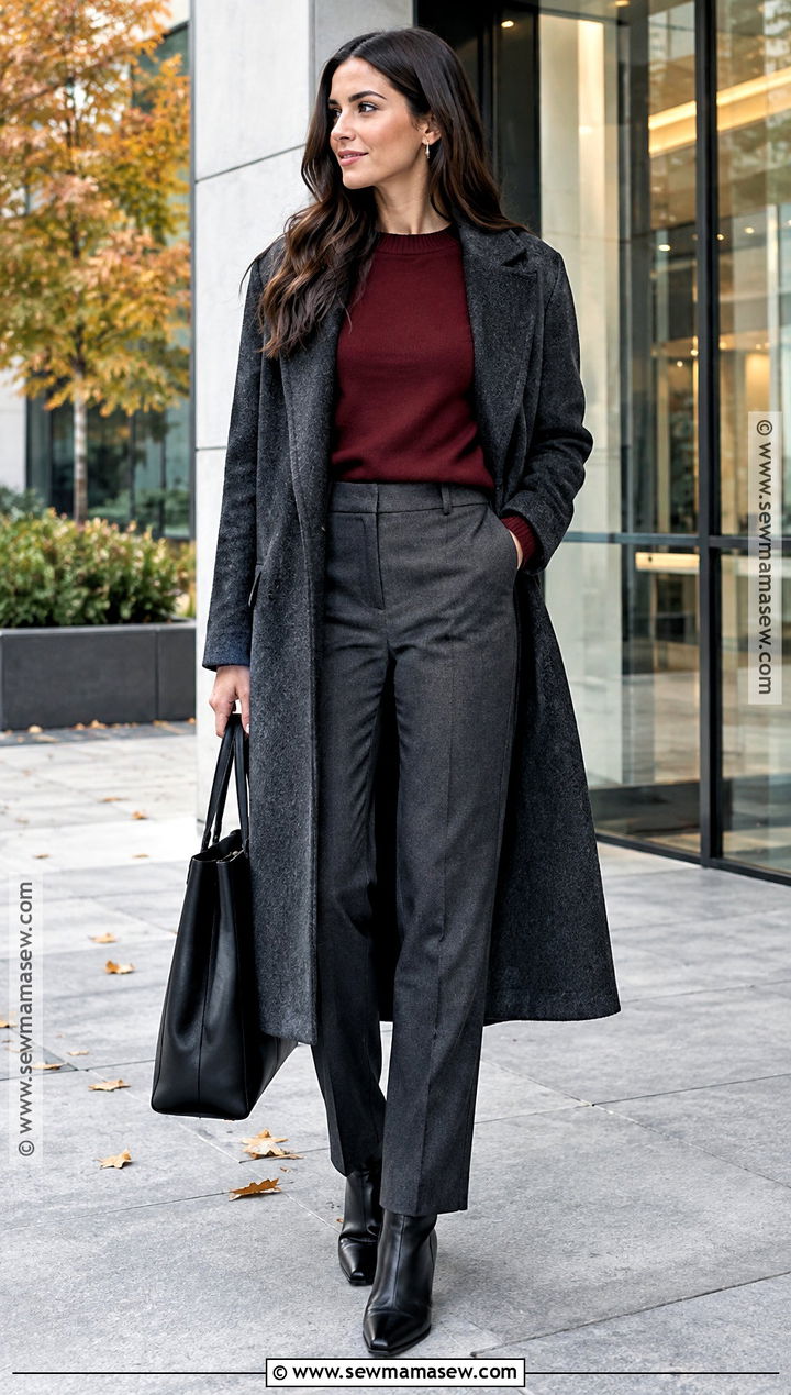 Burgundy Sweater Gray Trousers And Black Boots Fall Capsule Outfit - 25 fall capsule wardrobe ideas