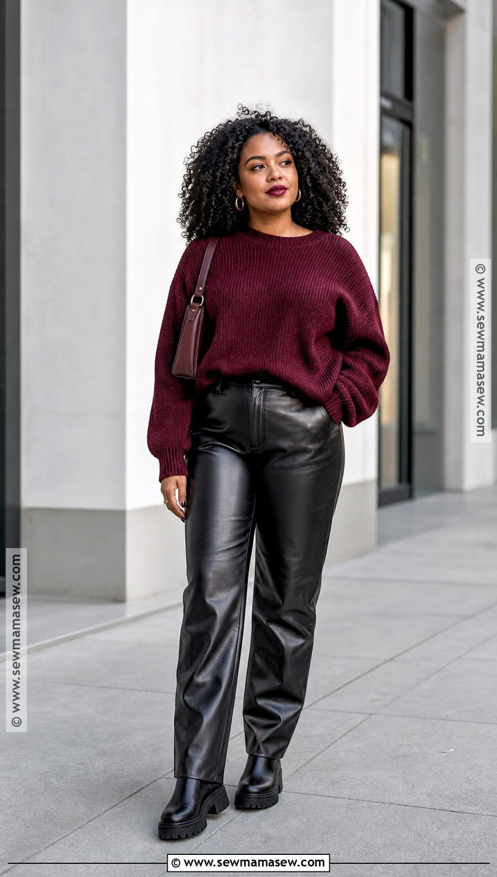 Burgundy Sweater Halloween Outfit With Faux Leather Pants - 30 Halloween Casual Outfits