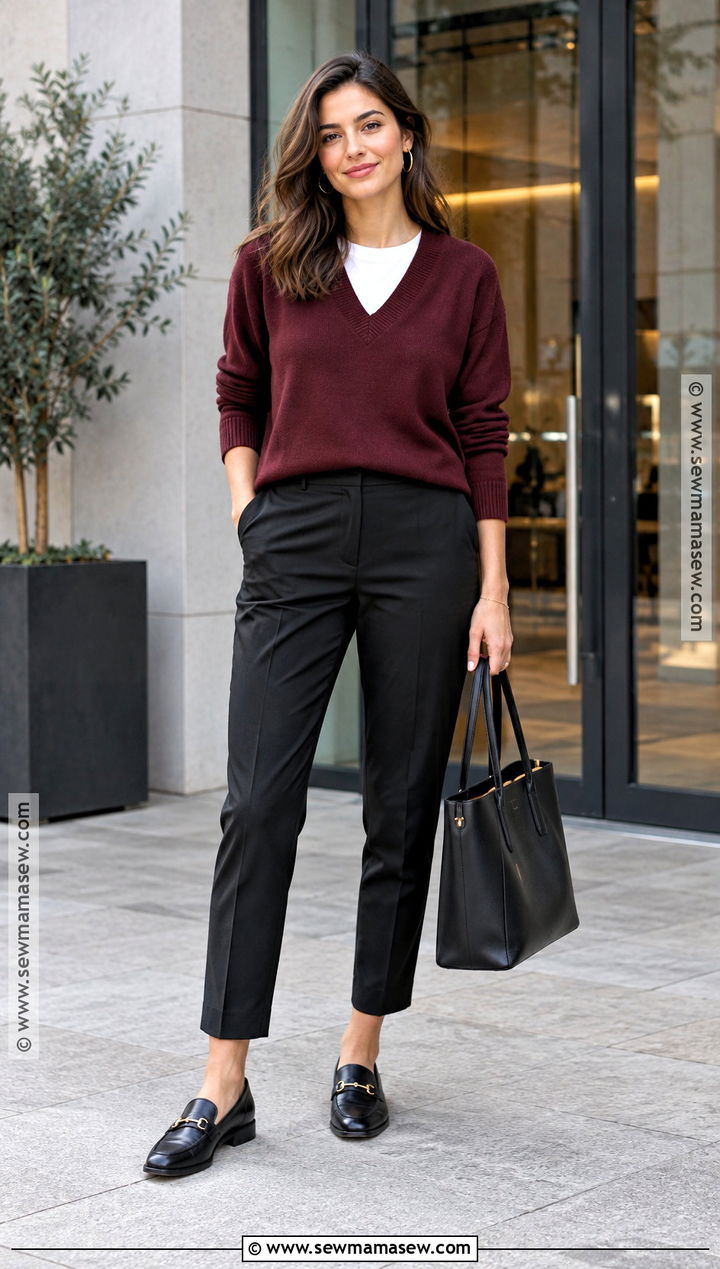 Burgundy Sweater Outfit With Black Trousers - 15 Autumn Sweaters for Women