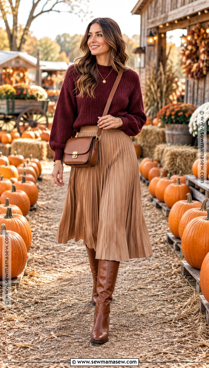 Burgundy Sweater Pumpkin Patch Outfit With Pleated Midi Skirt - 25 pumpkin patch outfit ideas for women