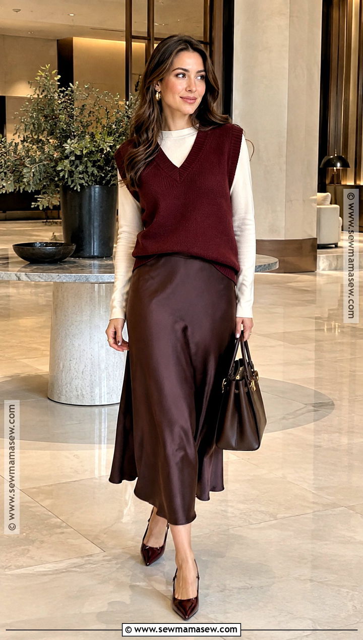Burgundy Sweater Vest With Satin Skirt - 15 Cute Fall Outfits With Vest