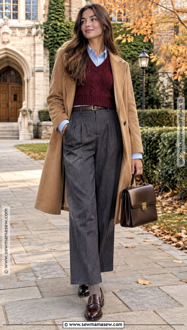 Burgundy Sweater Vest and Wide Leg Trousers Outfit - 15 fall burgandy outfits
