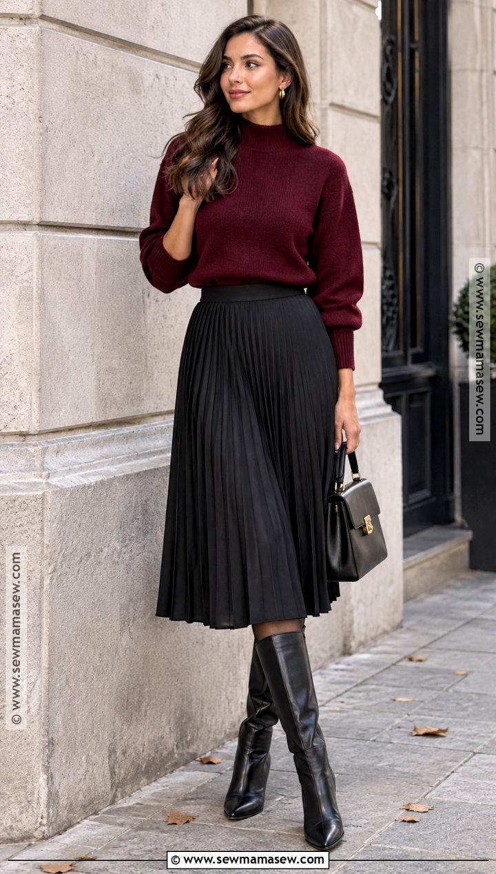 Burgundy Sweater With Black Midi Skirt - 25 fall sweaters aesthetic
