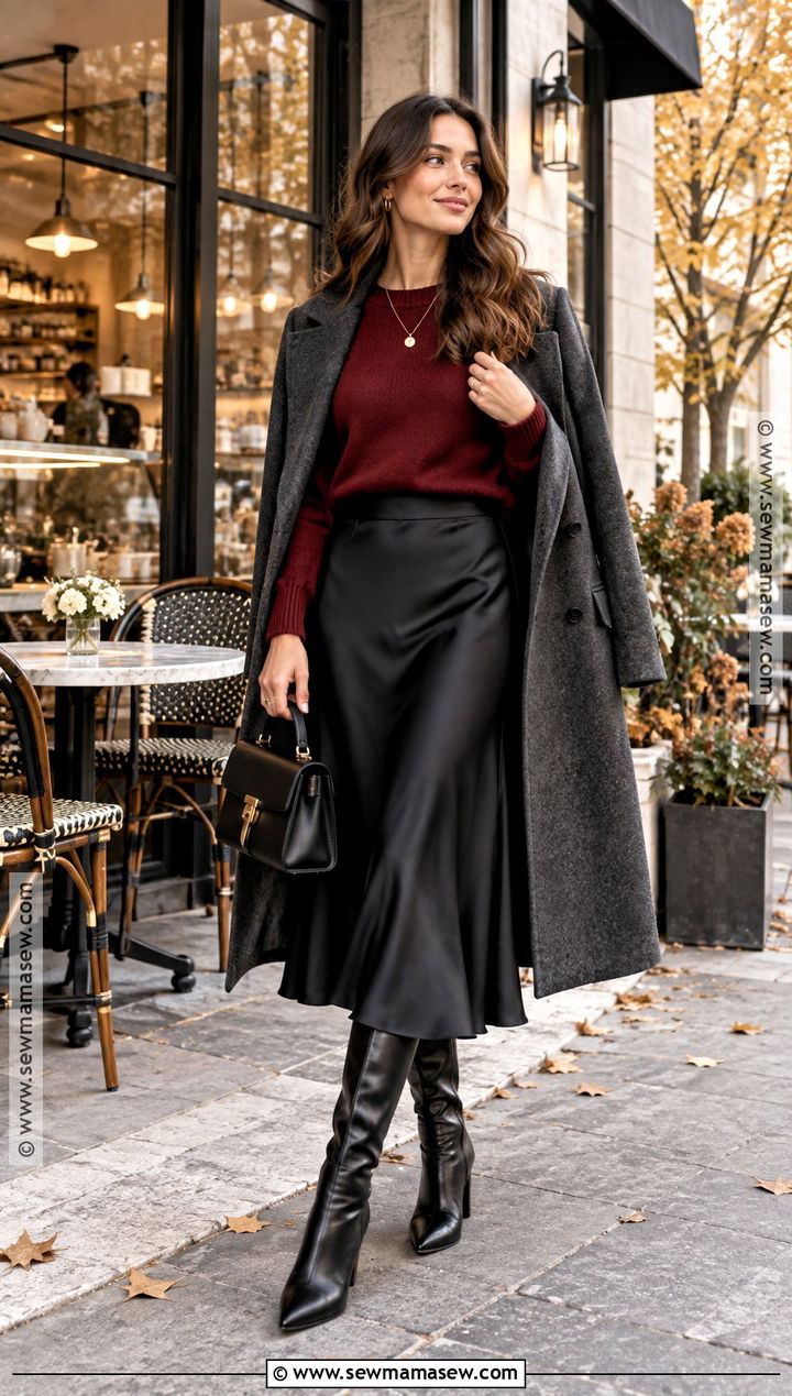 Burgundy Sweater With Black Midi Skirt - 15 chic fall fashion look ideas