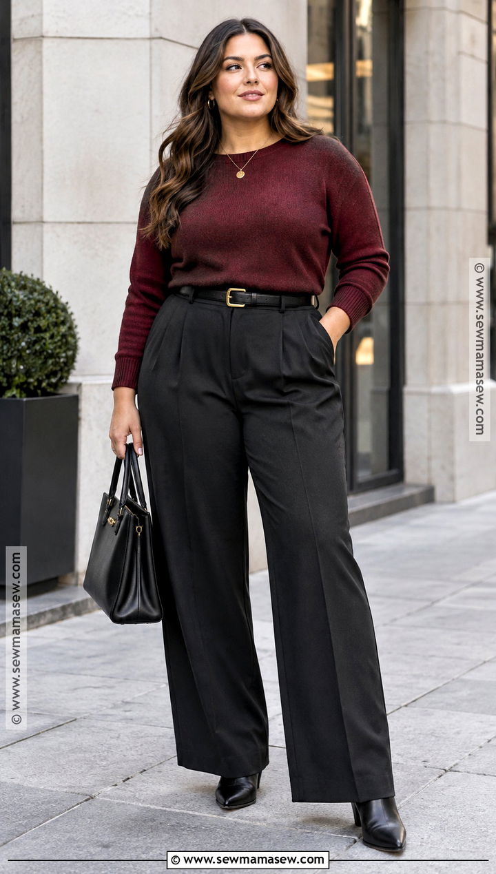 Burgundy Sweater With Black Wide Leg Pants - 15 Fall Style 2026 Midsize Ideas