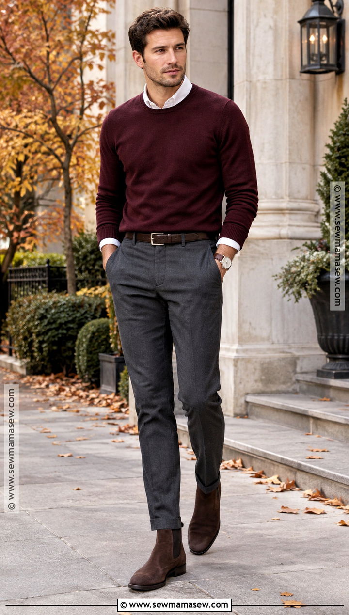 Burgundy Sweater With Charcoal Trousers - 15 fall photoshoot men outfits