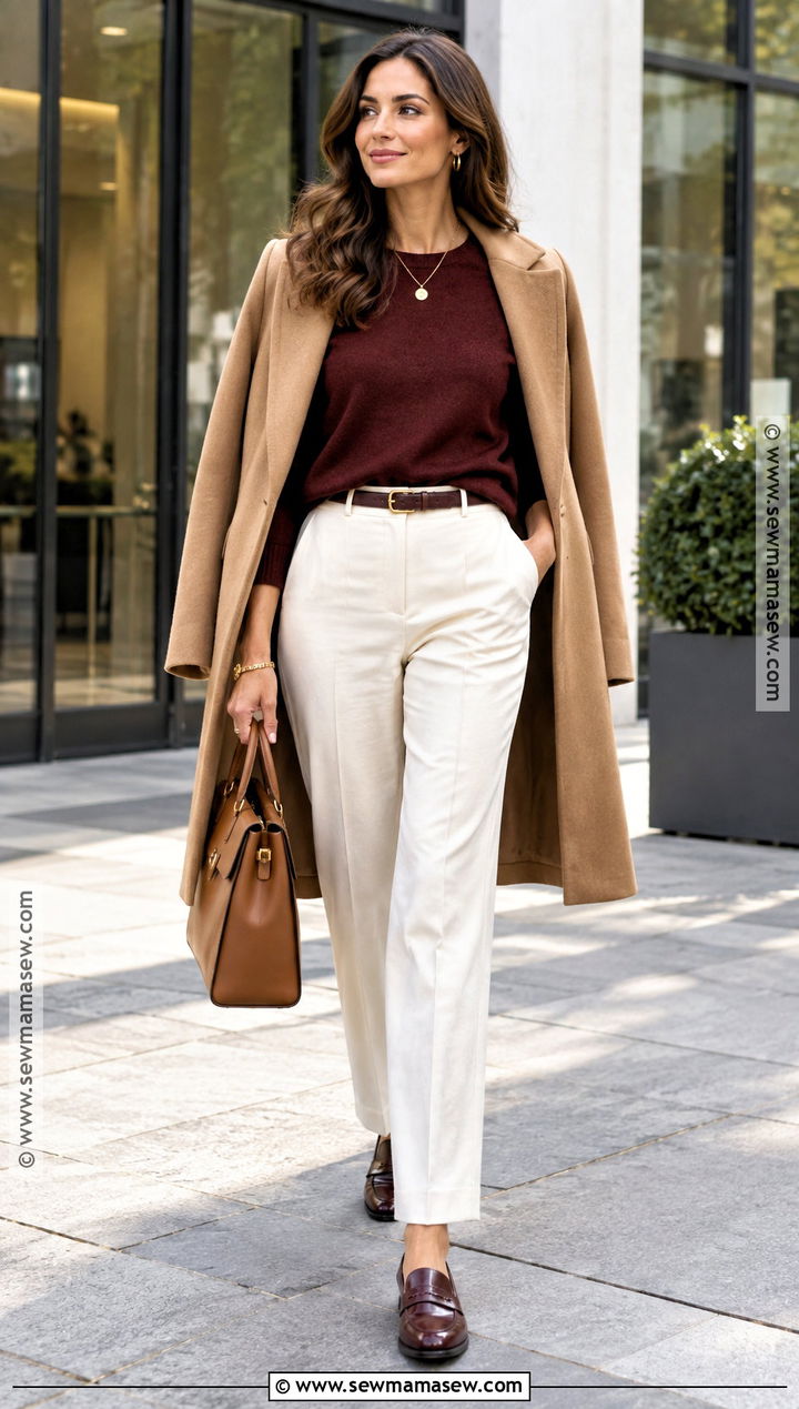 Burgundy Sweater With Cream Pants And Loafers - 15 Casual Chic Fall Outfits 2026