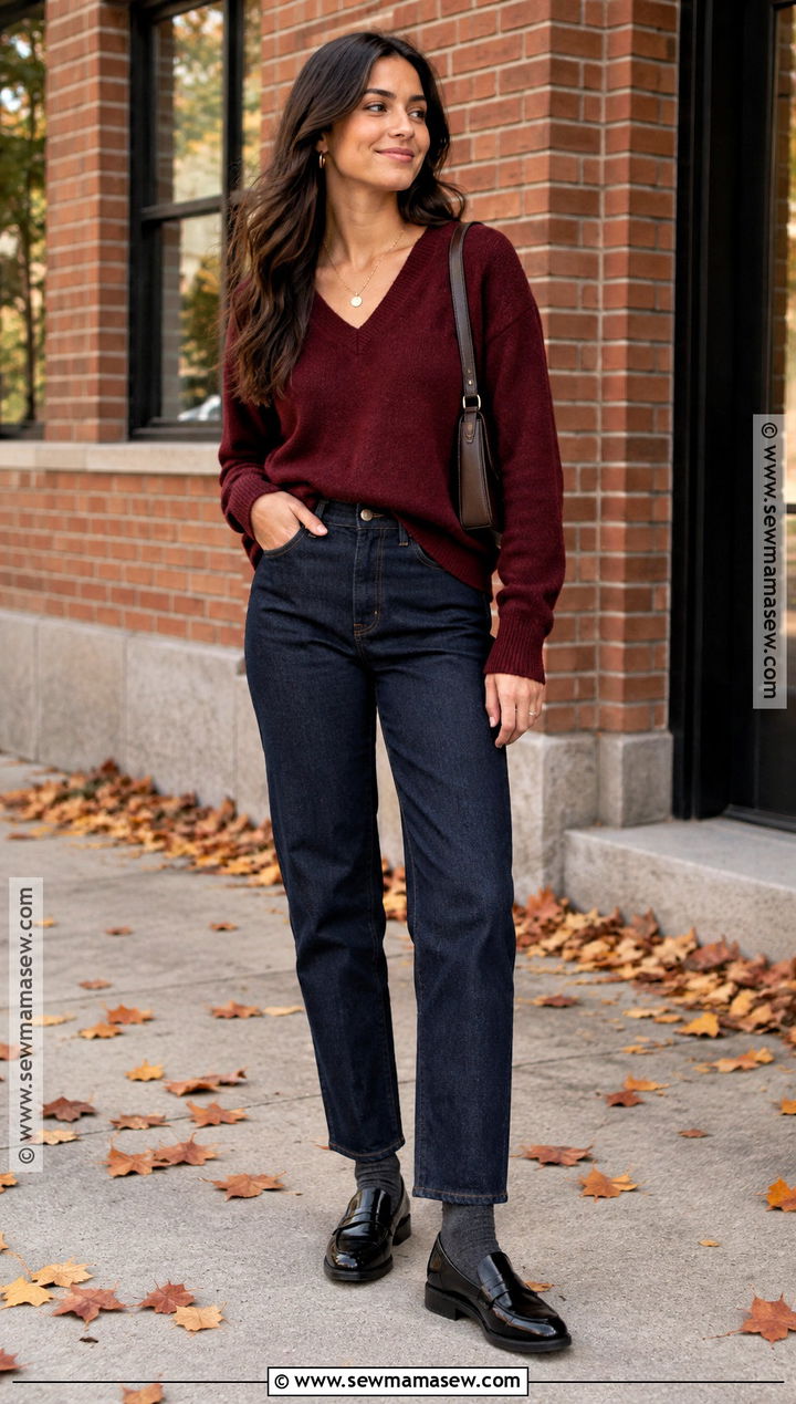 Burgundy Sweater With Dark Jeans And Loafers - 15 autumn fashion wishlist ideas