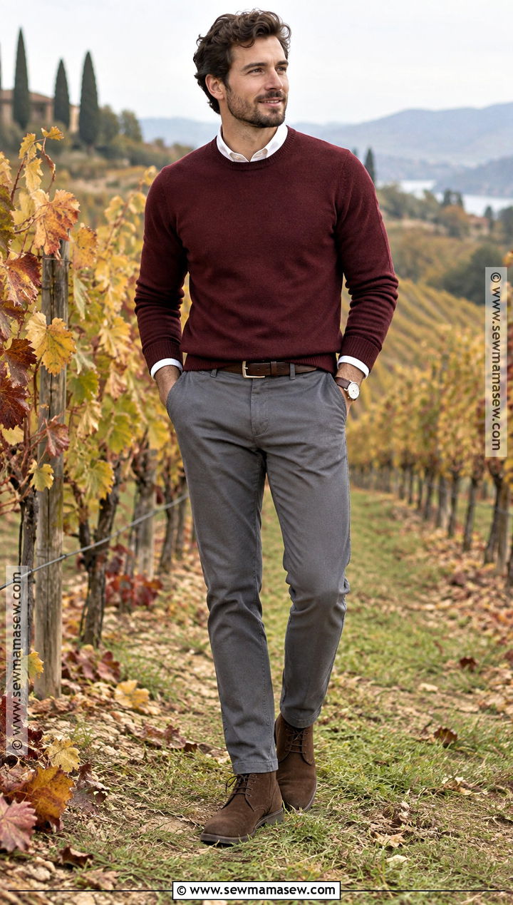 Burgundy Sweater With Gray Chinos And Suede Boots - 15 engagement photos outfits men fall