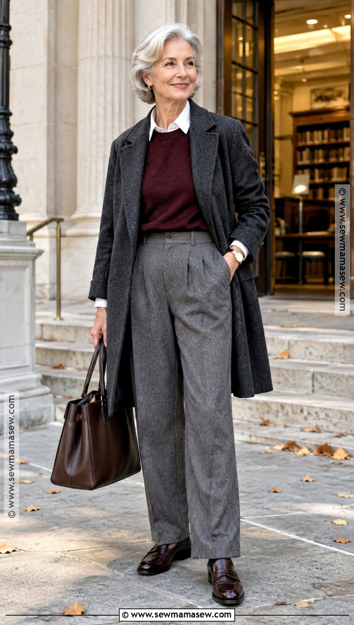 Burgundy Sweater With Gray Flannel Trousers - 20 Old Money Outfits For Fall