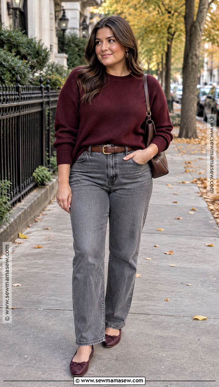 Burgundy Sweater With Gray Jeans And Ballet Flats - 15 fall fit inspo ideas 2026