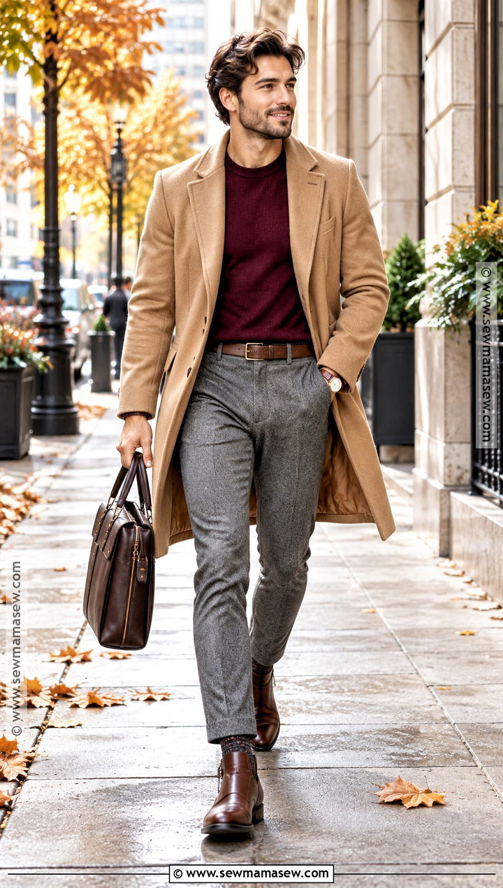 Burgundy Sweater With Gray Trousers And Brown Boots - 15 fall outfits men autumn sweaters