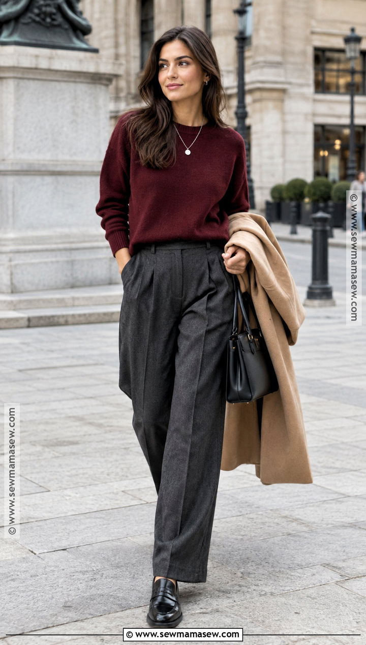 Burgundy Sweater With Gray Trousers And Loafers - 20 autumn outfits chic