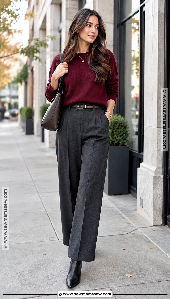 Burgundy Sweater With Wide Leg Trousers - 15 2026 fall style ideas