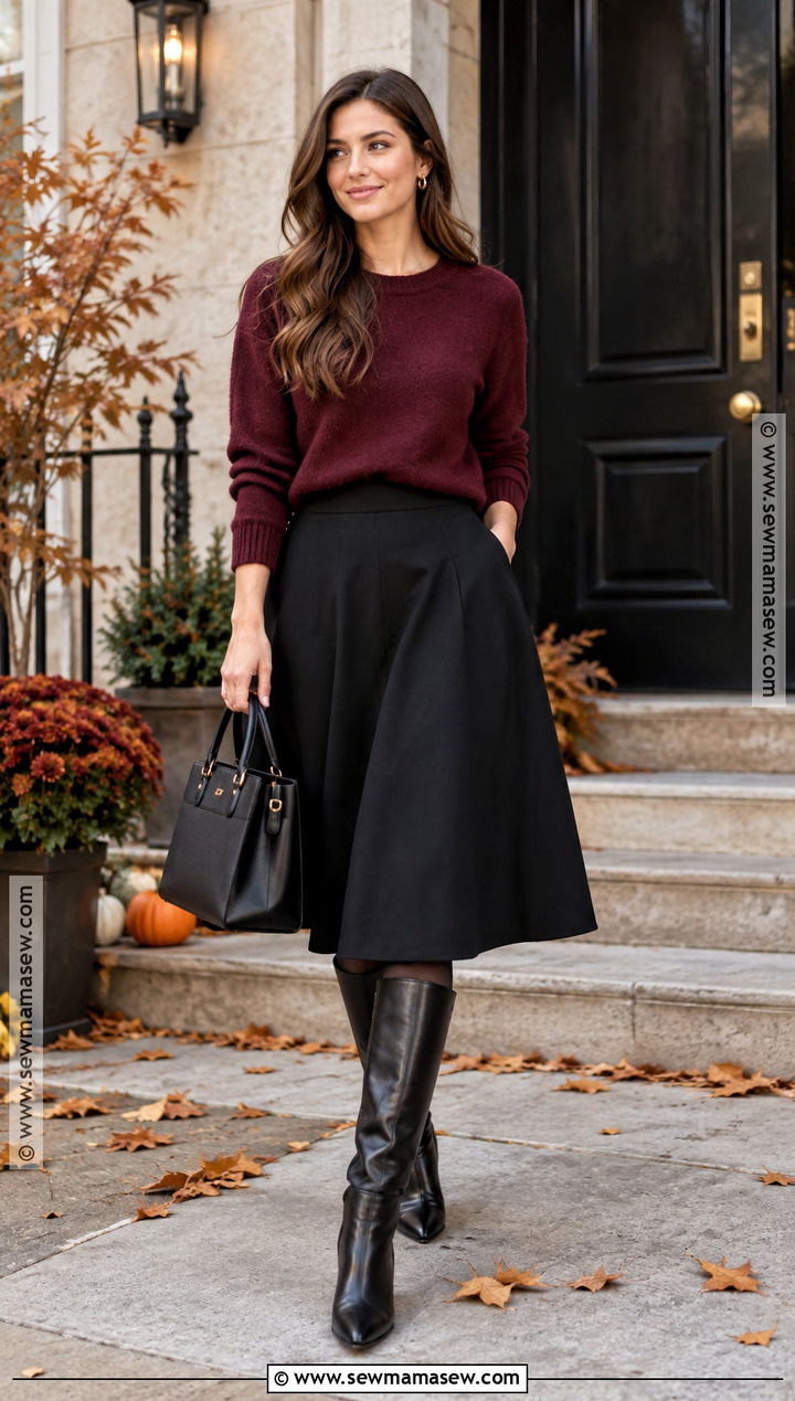 Burgundy Sweater and Black Skirt Fall Date Outfit - 20 casual date outfit fall ideas