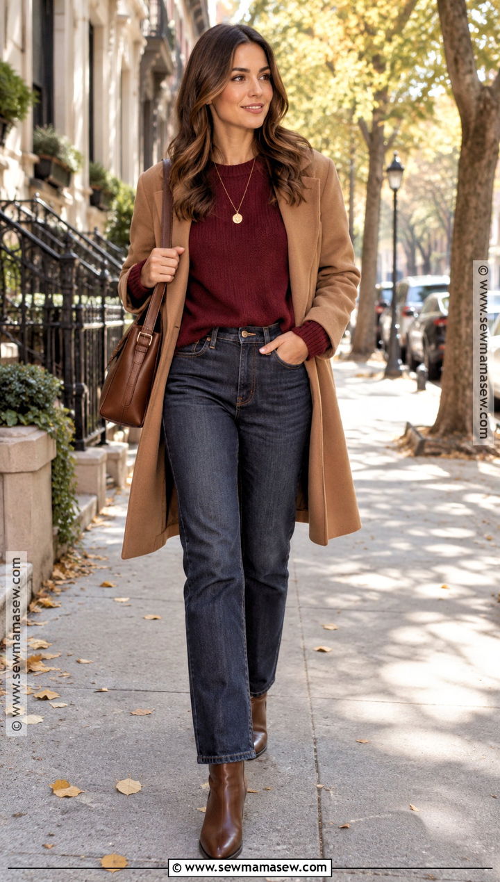 Burgundy Sweater and Dark Jeans Autumn Outfit - 25 cute autumn outfits aesthetic