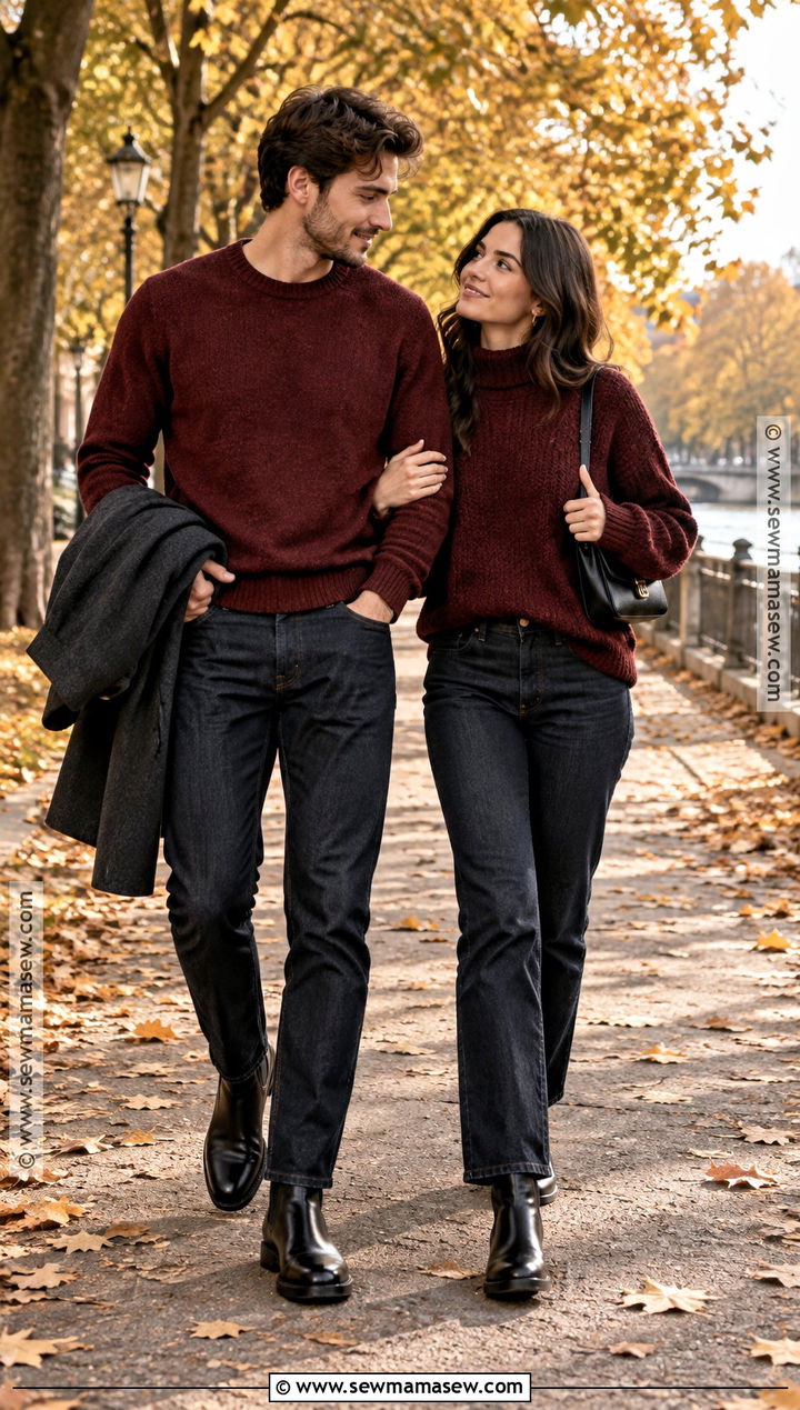 Burgundy Sweater and Dark Jeans Couple Outfit - 25 matching fall outfits for couples