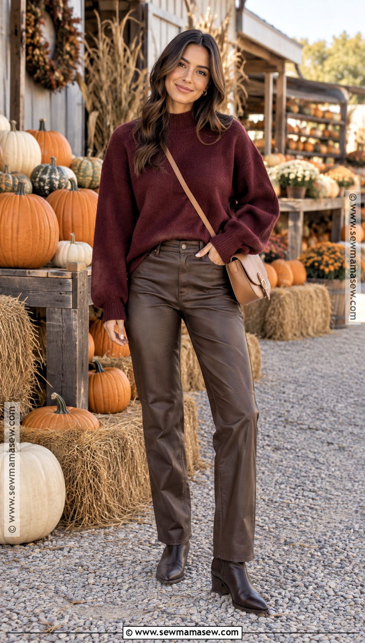 Burgundy Sweater and Faux Leather Pants Pumpkin Patch Outfit - 20 Pumpkin Patch Photoshoot Outfits