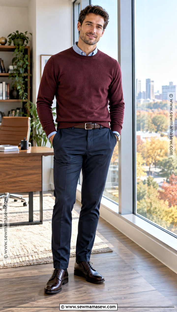 Burgundy Sweater and Navy Trousers Business Casual Outfit - 20 fall business casual outfits for men