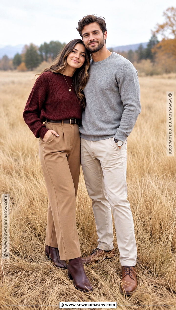 Burgundy Sweater and Neutral Trousers Fall Couple Outfit - 15 fall couple pics outfits