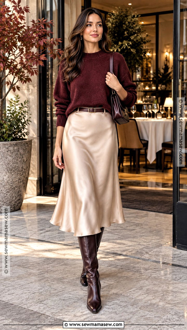 Burgundy Sweater and Satin Skirt Outfit - 15 fall 2026 style ideas for women