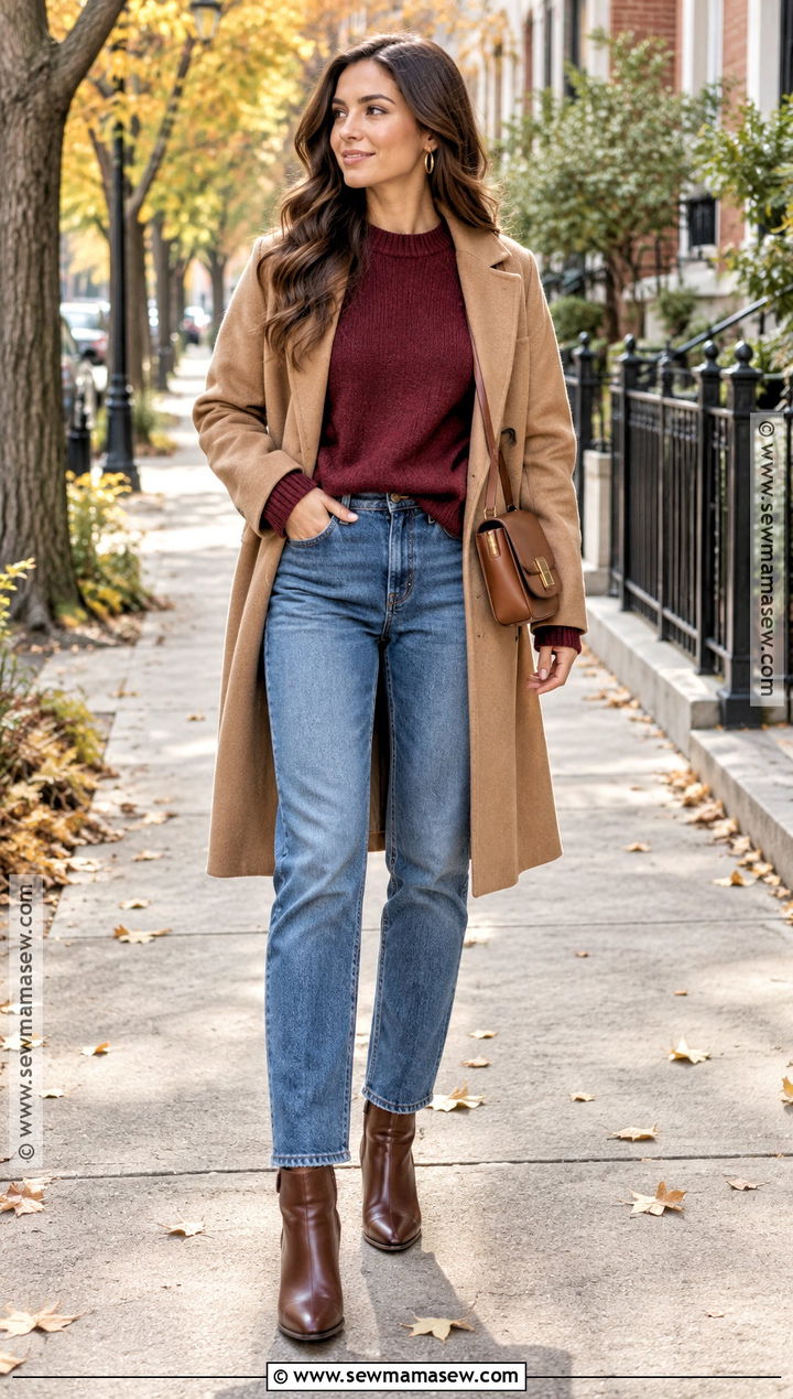 Burgundy Sweater and Straight Leg Jeans Outfit - 15 fall burgandy outfits