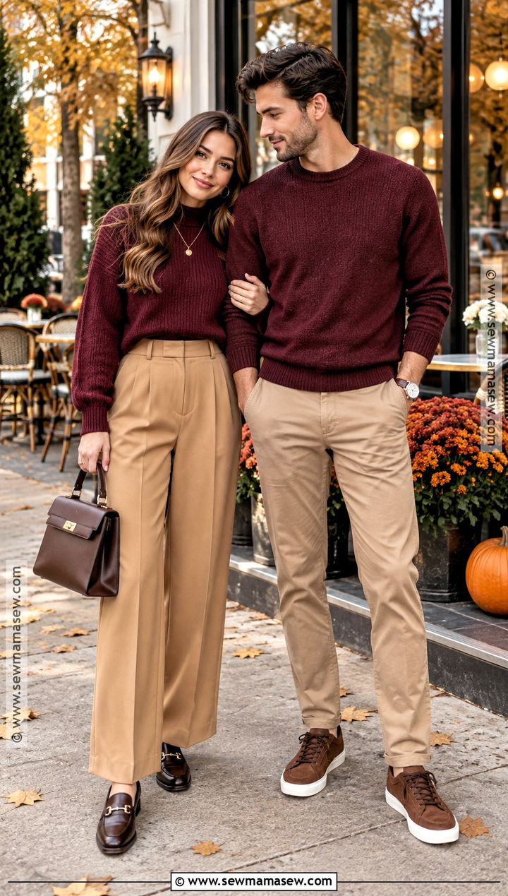 Burgundy Sweater and Tan Trousers Fall Couples Outfit - 20 fall couples outfits