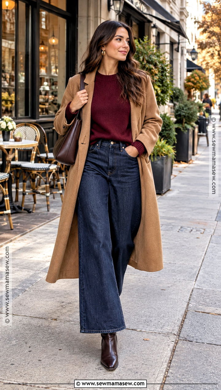 Burgundy Sweater and Wide Leg Jeans Fall Outfit - 25 Fall Outfit Inspo Ideas 2026