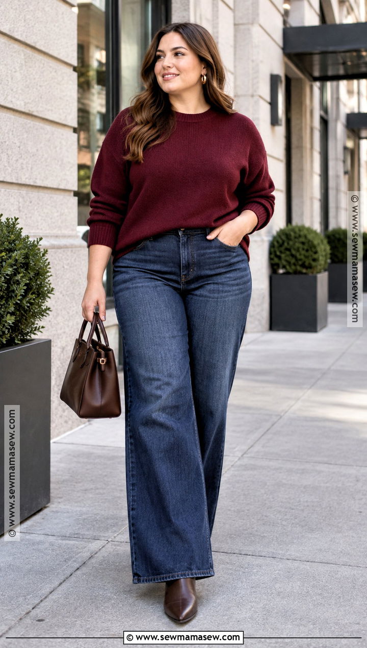 Burgundy Sweater and Wide Leg Jeans Outfit - 15 fall winter outfits 2026