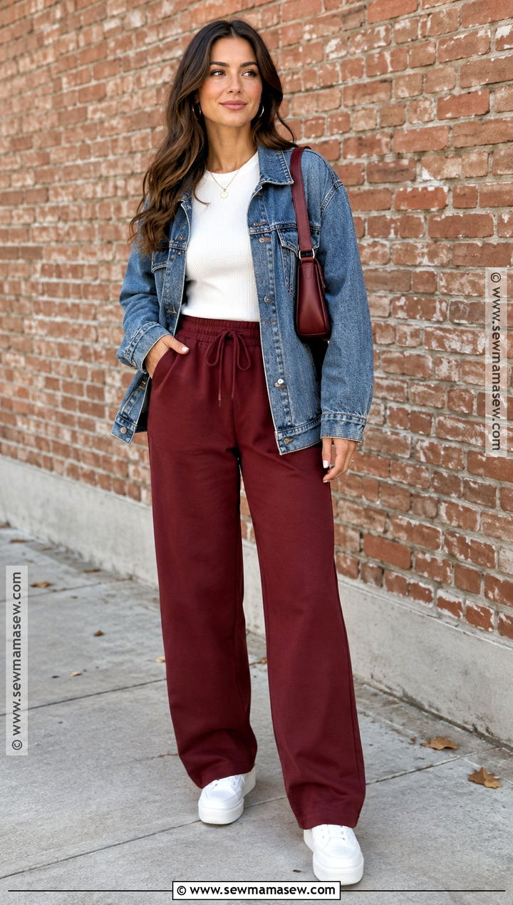 Burgundy Sweatpants Outfit With Denim Jacket - 15 fall sweatpants outfits baddie