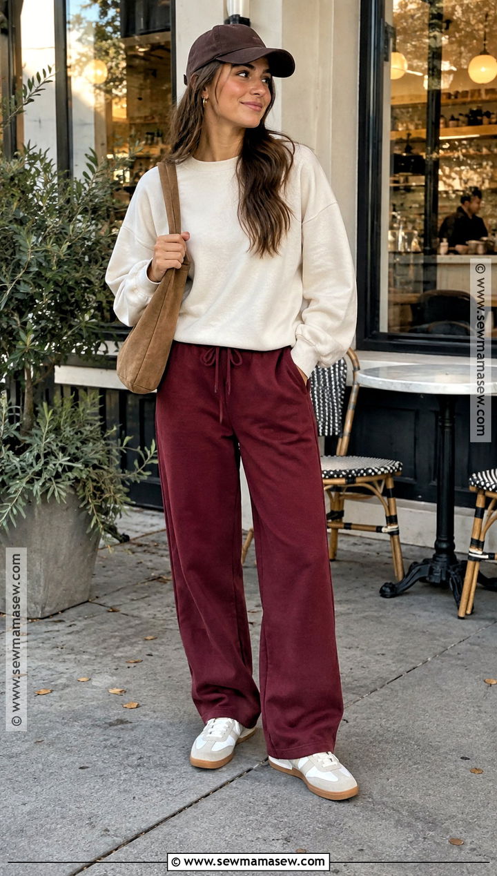 Burgundy Sweatpants With Cream Sweatshirt And Gum Sneakers - 20 sweatpants fall outfit ideas