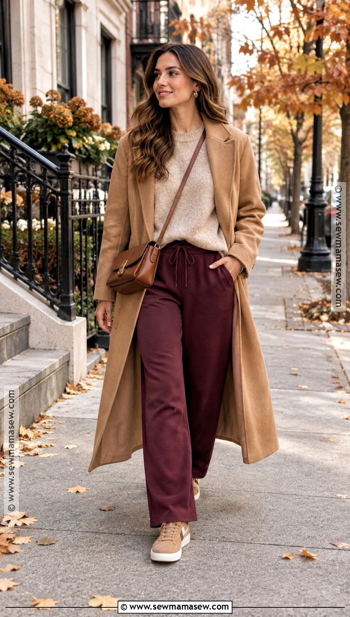 Burgundy Sweatpants With Neutral Knit - 20 sweatpants outfit fall ideas