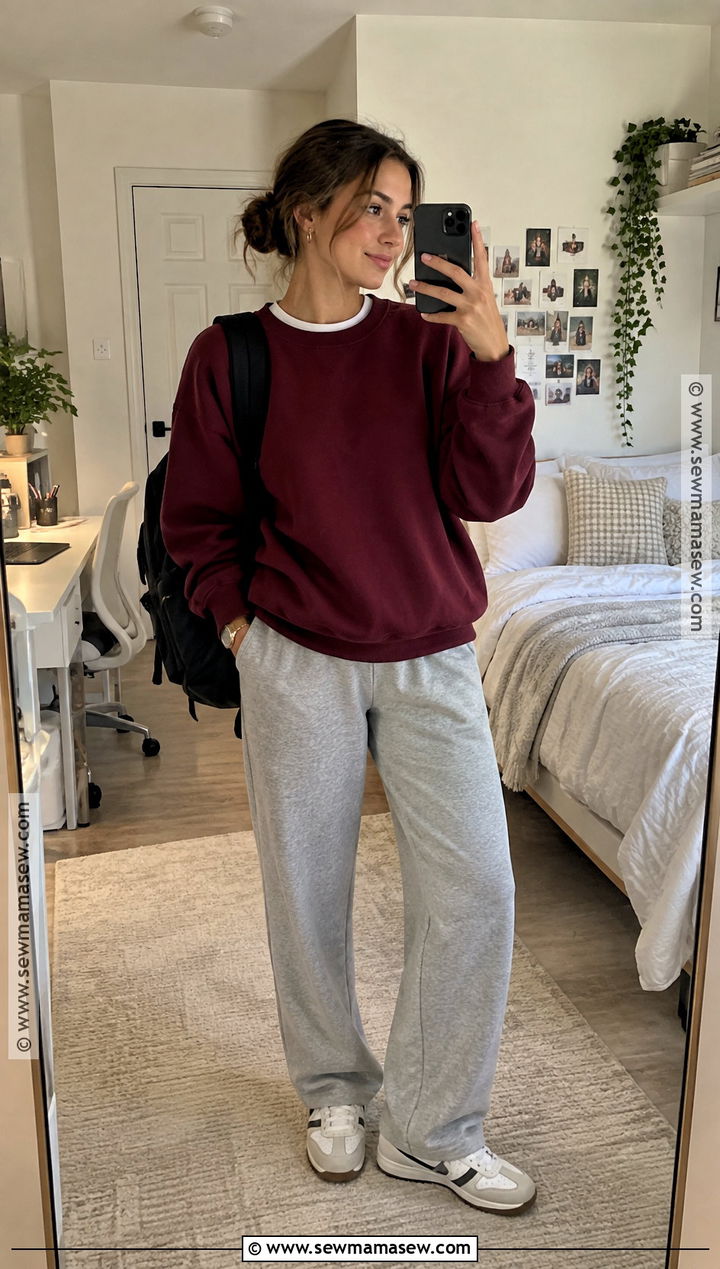 Burgundy Sweatshirt And Gray Sweatpants Outfit - 20 red back to school outfits