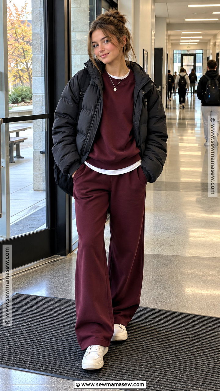 Burgundy Sweatshirt With Wide Leg Pants - 20 Autumn Outfits Teenage for Girls