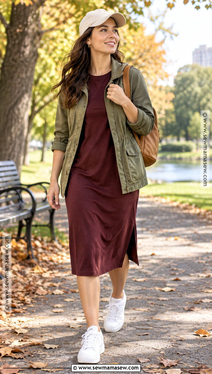 Burgundy T Shirt Dress With Sneakers - 15 Burgundy Dress Fall Fashion Ideas